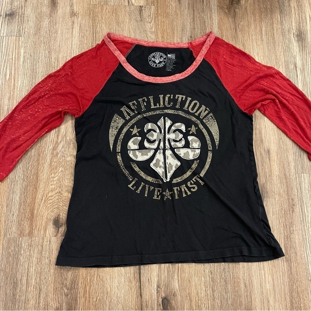 VTG Y2K Women’s Large Affliction Rhinestone Cheetah Tshirt Grunge Goth Emo USA